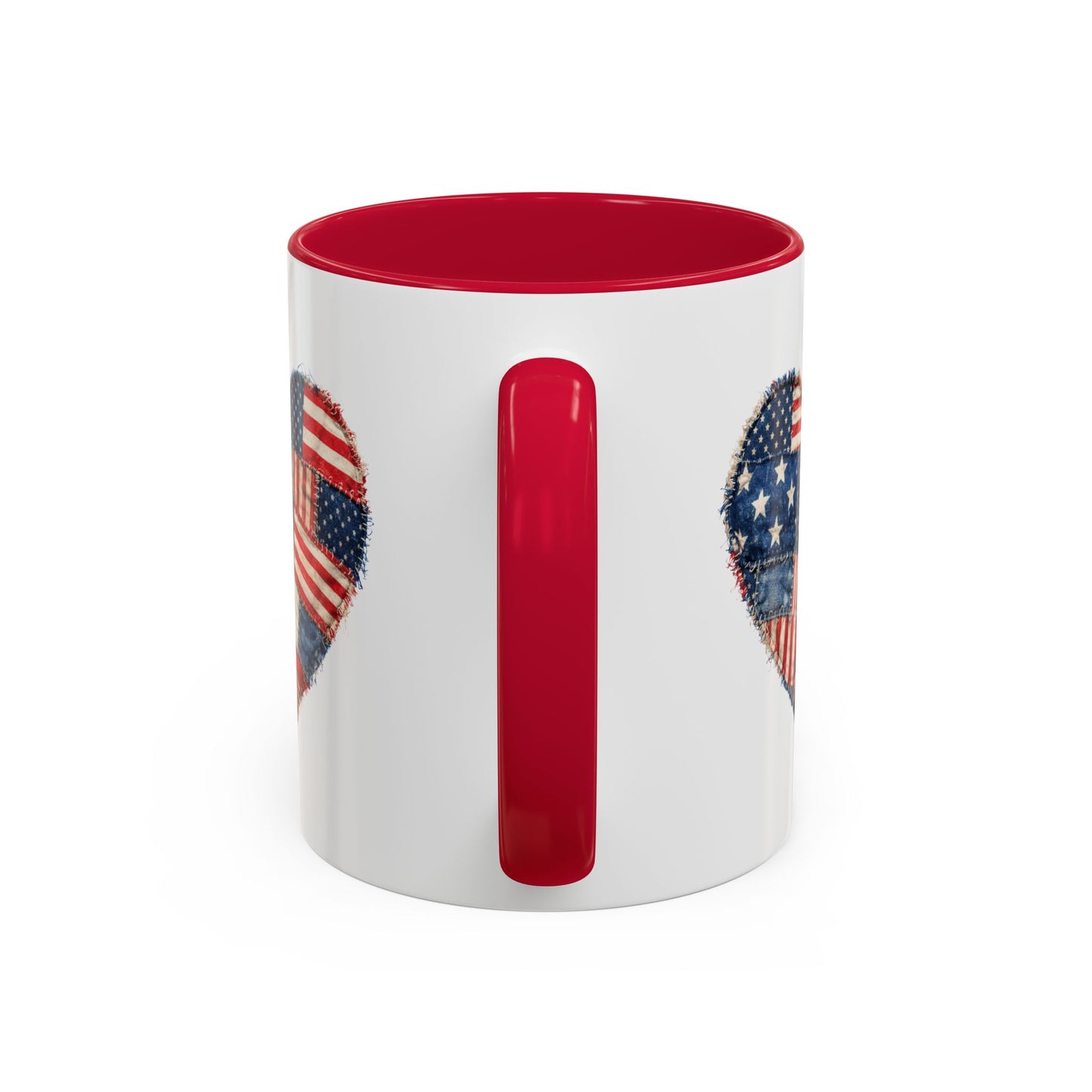 White ceramic mug with a red interior and handle, featuring a distressed American flag patchwork heart design.