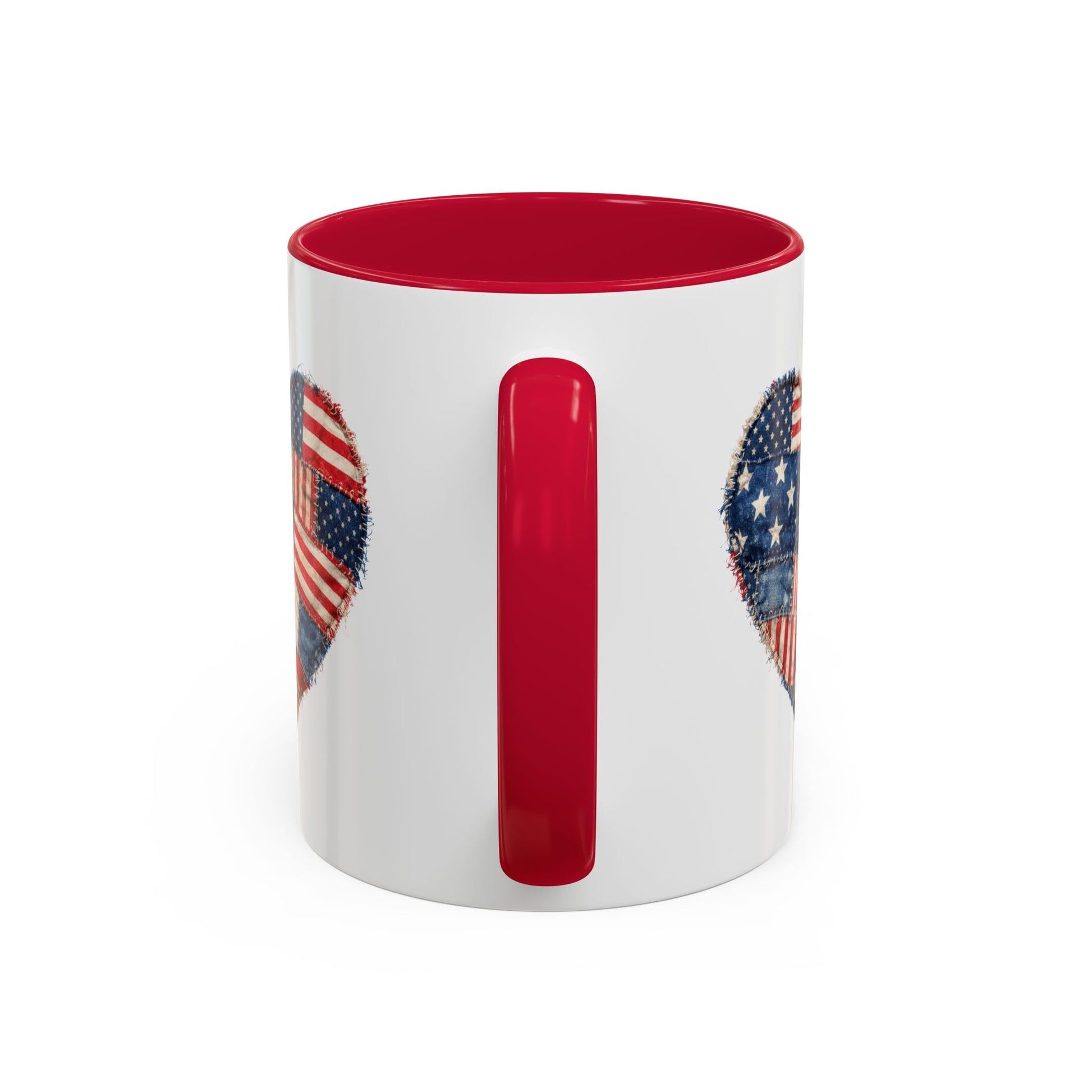 White ceramic mug with a red interior and handle, featuring a distressed American flag patchwork heart design.