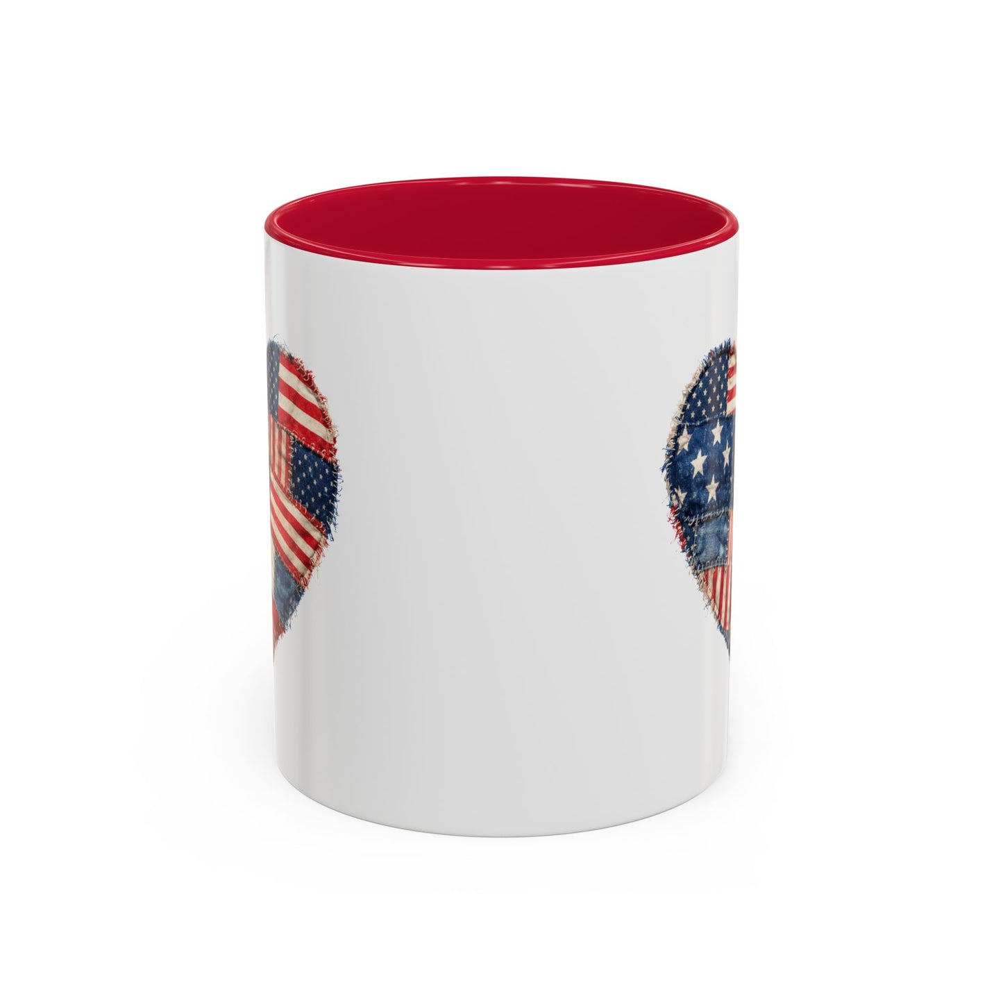 White ceramic mug with a red interior and handle, featuring a distressed American flag patchwork heart design.