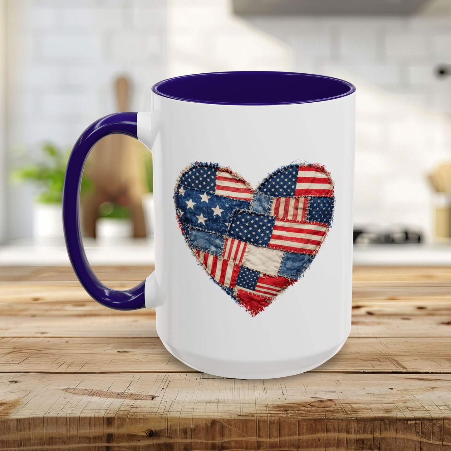 White ceramic mug with a purple handle and interior, featuring a patchwork American flag heart design.