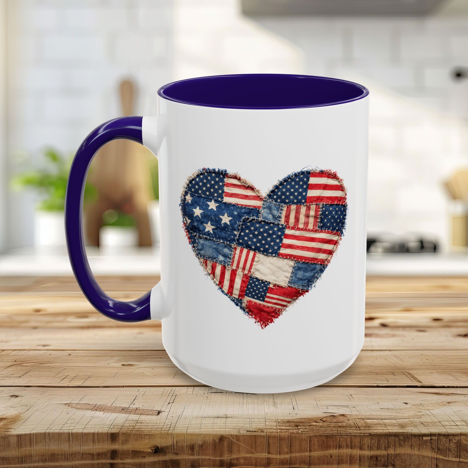 White ceramic mug with a purple handle and interior, featuring a patchwork American flag heart design.