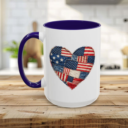 White ceramic mug with a purple handle and interior, featuring a patchwork American flag heart design.