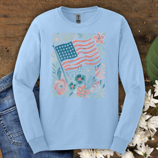 American Flag and Flowers Long Sleeve Tee