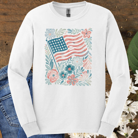 American Flag and Flowers Long Sleeve Tee