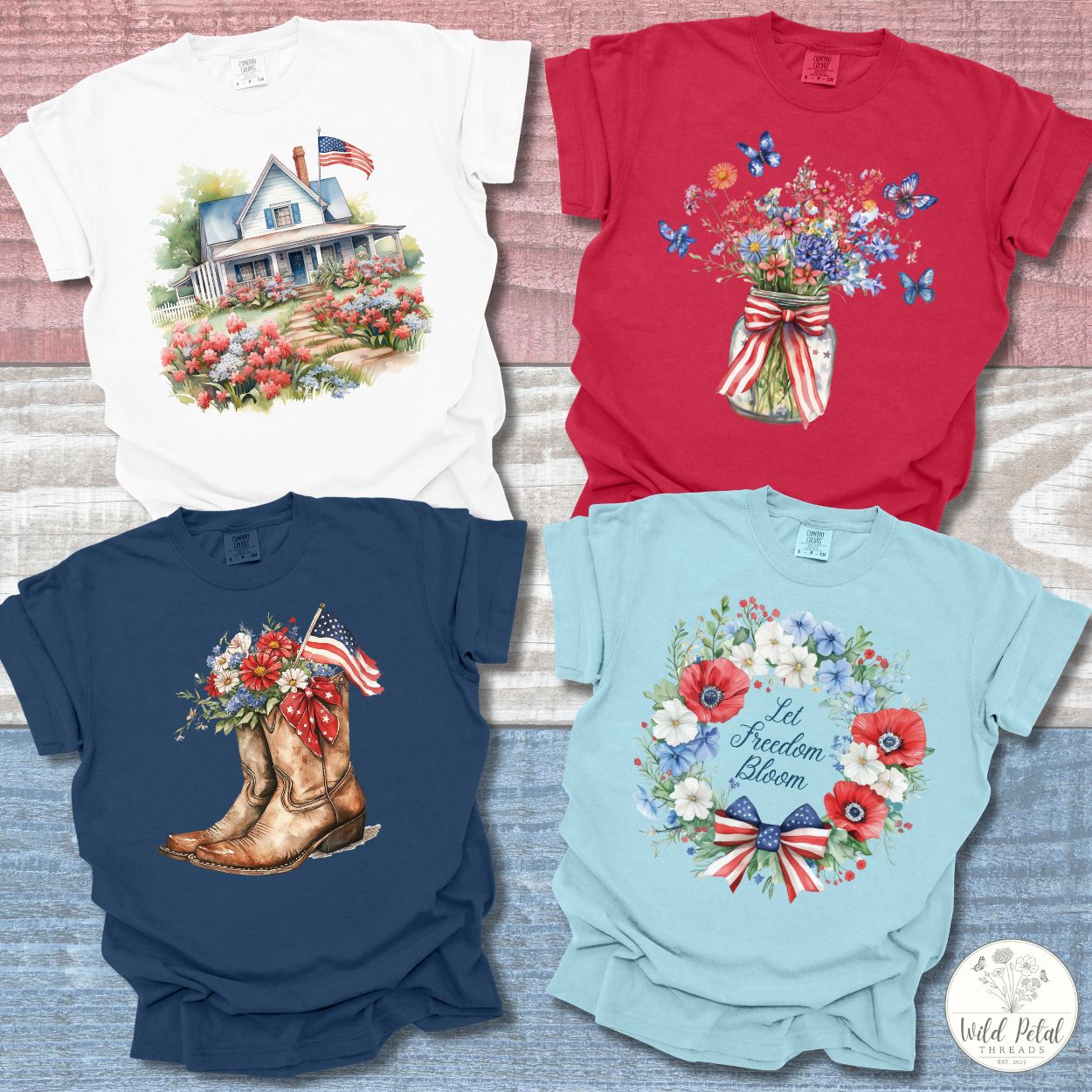 Four patriotic farmhouse and floral graphic tees: white, red, navy, and light blue, featuring American flags.