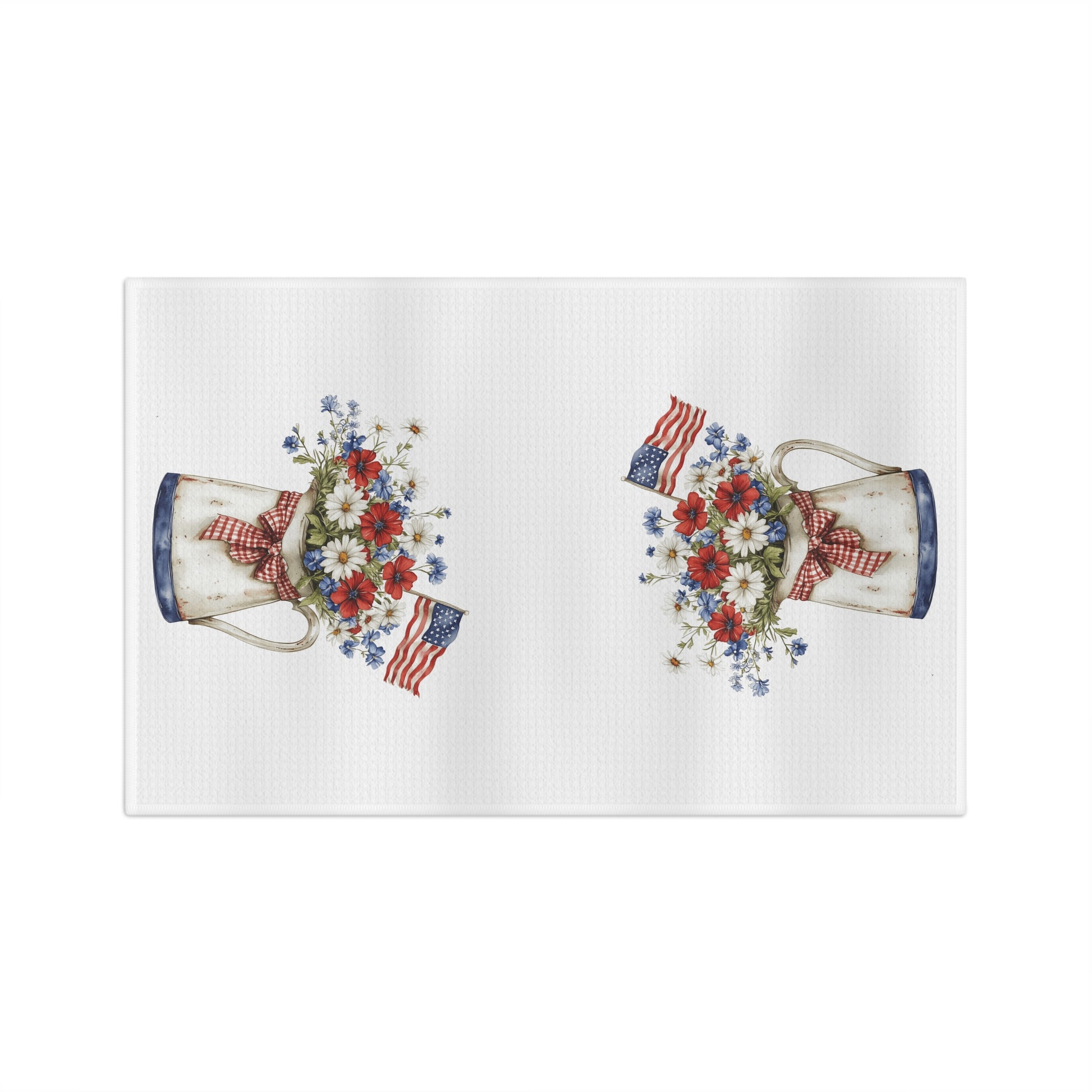 White microfiber tea towel with two Americana floral pitchers, red, white, and blue flowers, and tiny American flags.
