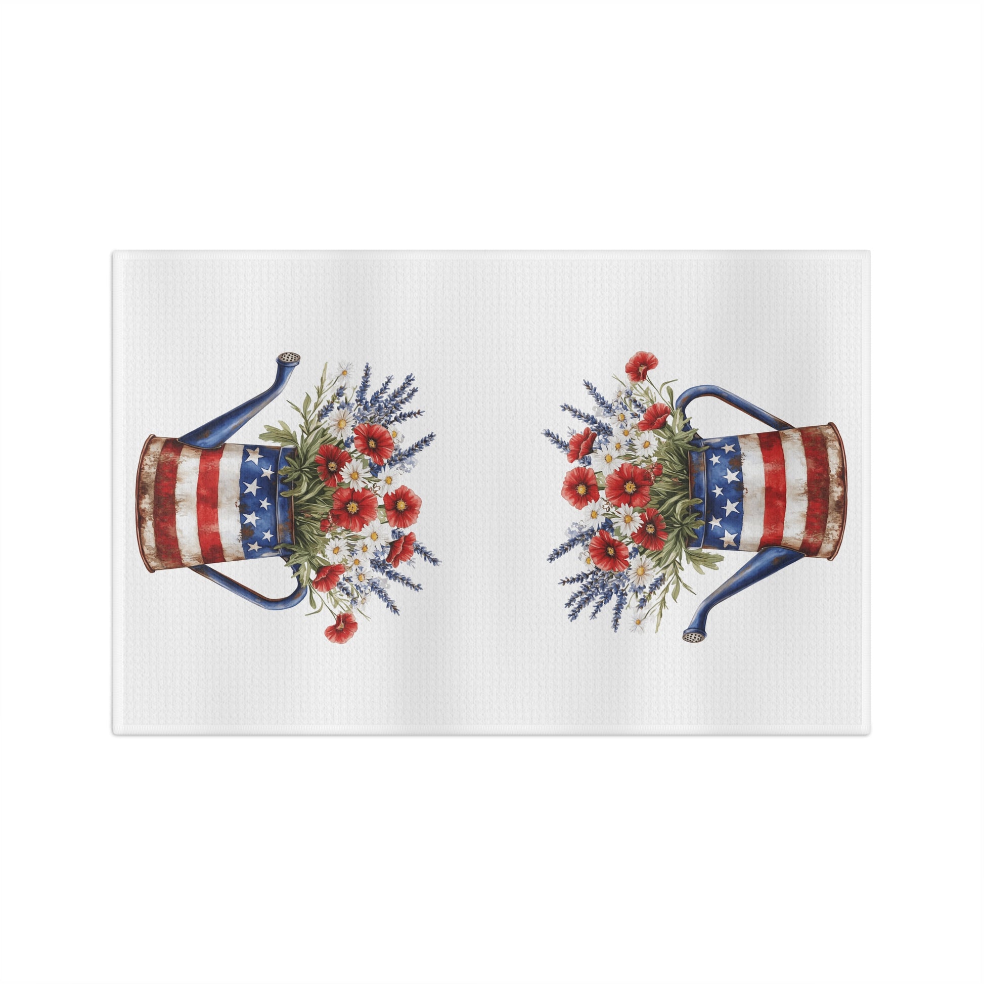 White microfiber tea towel with two Americana watering cans overflowing with red poppies and lavender.