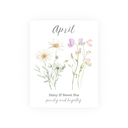 11"x14" vertical satin print of April birth flowers: white daisies and pink/purple sweet peas.
