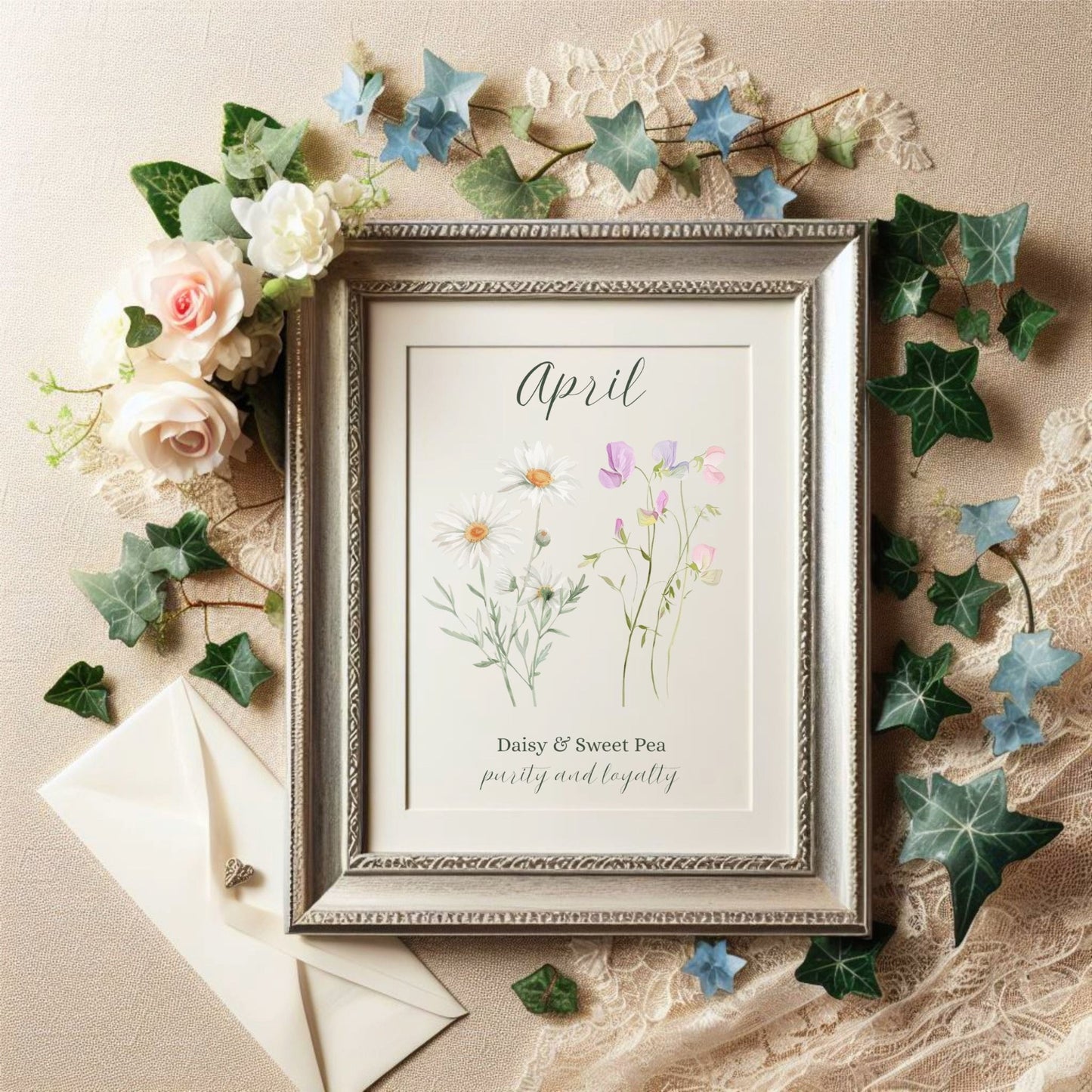 Silver-framed April birth flower art print with daisies and sweet peas, surrounded by ivy and roses.