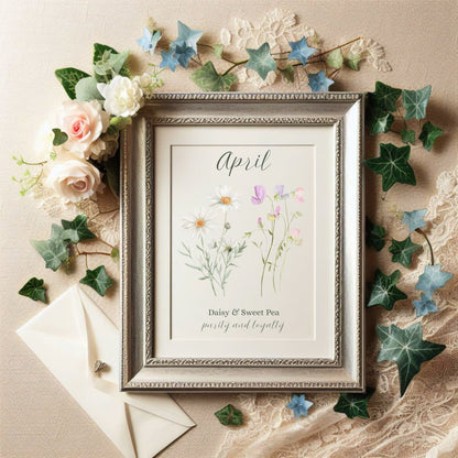 Silver-framed April birth flower art print with daisies and sweet peas, surrounded by ivy and roses.