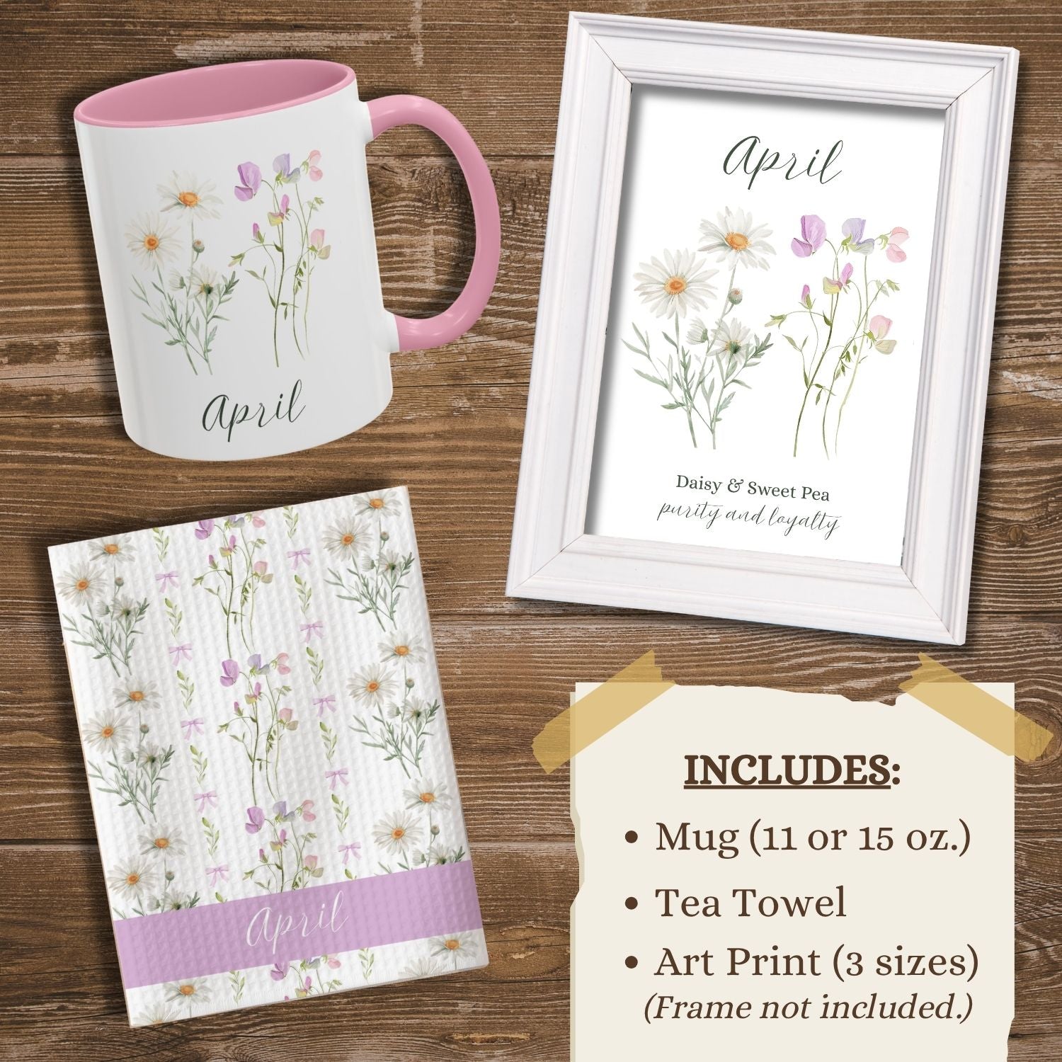April Birth Month Flower Gift Set: white mug with pink handle, tea towel, and framed art print featuring daisies and sweet peas.