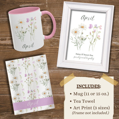 April Birth Month Flower Gift Set: white mug with pink handle, tea towel, and framed art print featuring daisies and sweet peas.