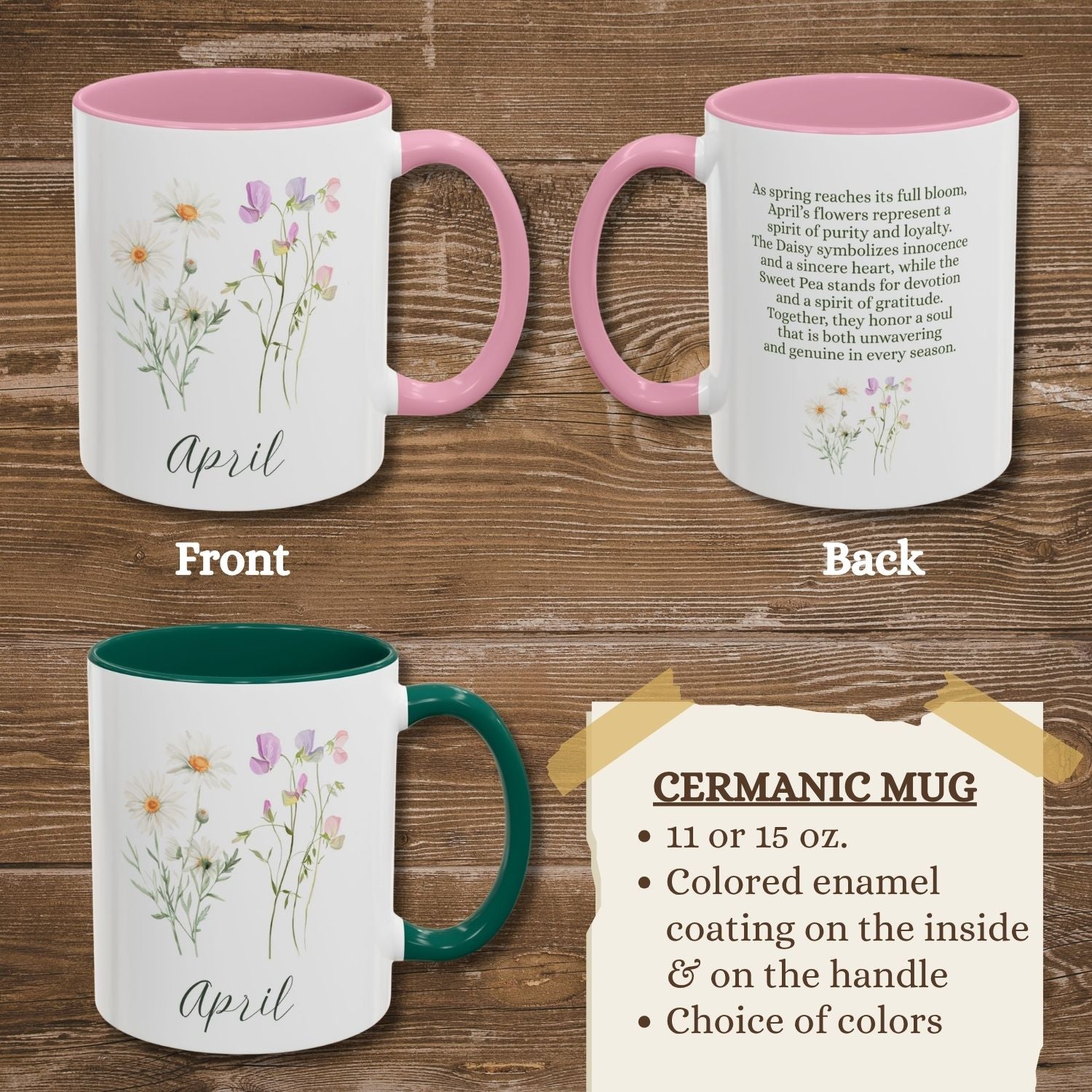 White ceramic mugs with pink and green enamel interiors/handles, featuring April birth flowers (daisies, sweet peas) and text.