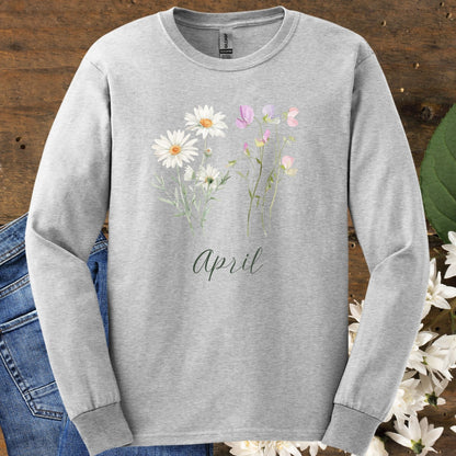 Ash gray long sleeve tee with hand-drawn daisy and sweet pea flowers, "April" script, and ribbed collar.