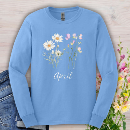 Carolina Blue long sleeve tee with white daisies, pink sweet peas, and "April" script.