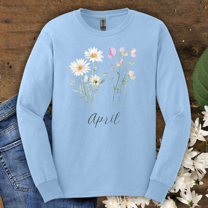 Light blue long sleeve tee, size S, with hand-drawn daisies, sweet peas, and "April" script.