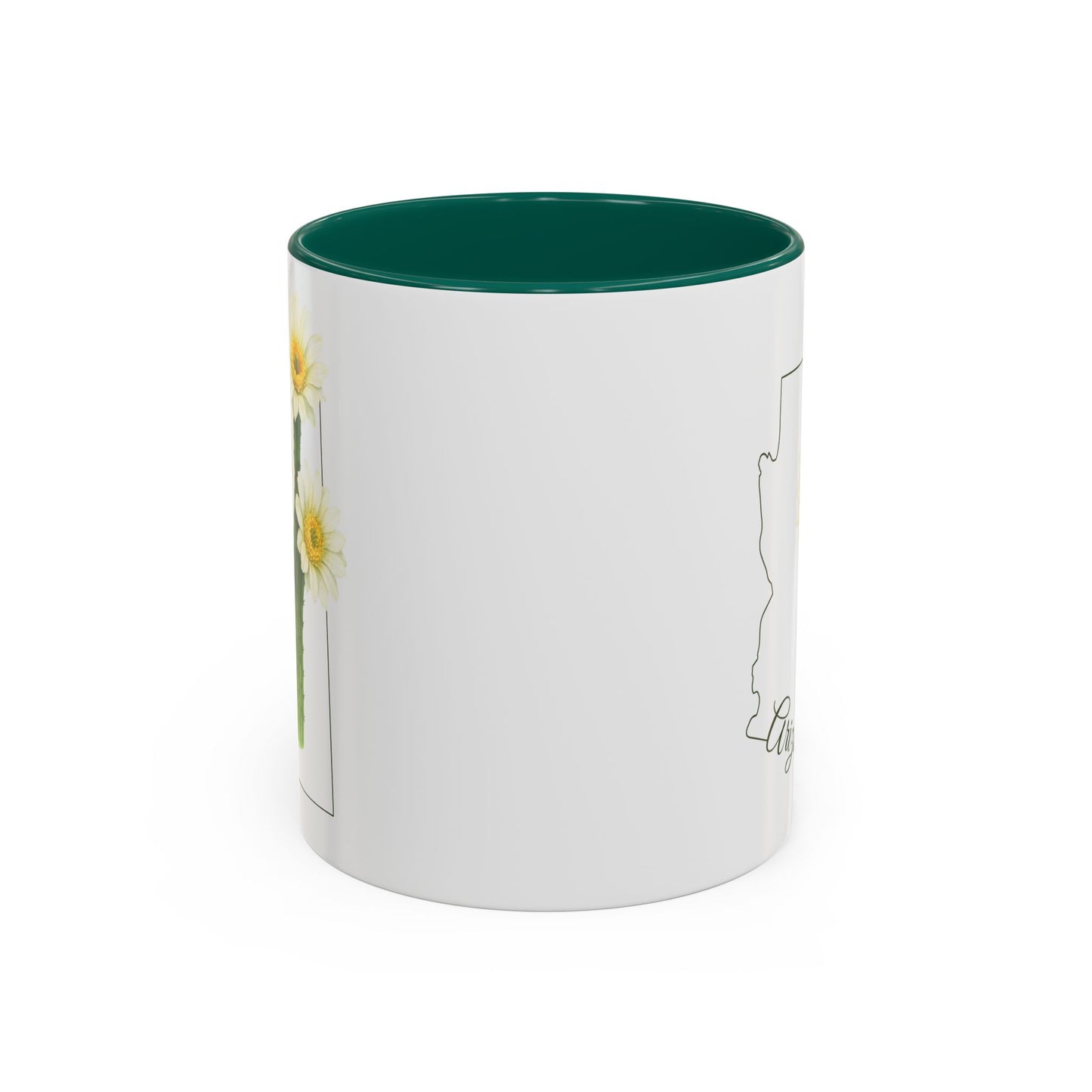 White ceramic mug with green interior and handle, featuring a saguaro cactus bloom and Arizona outline.