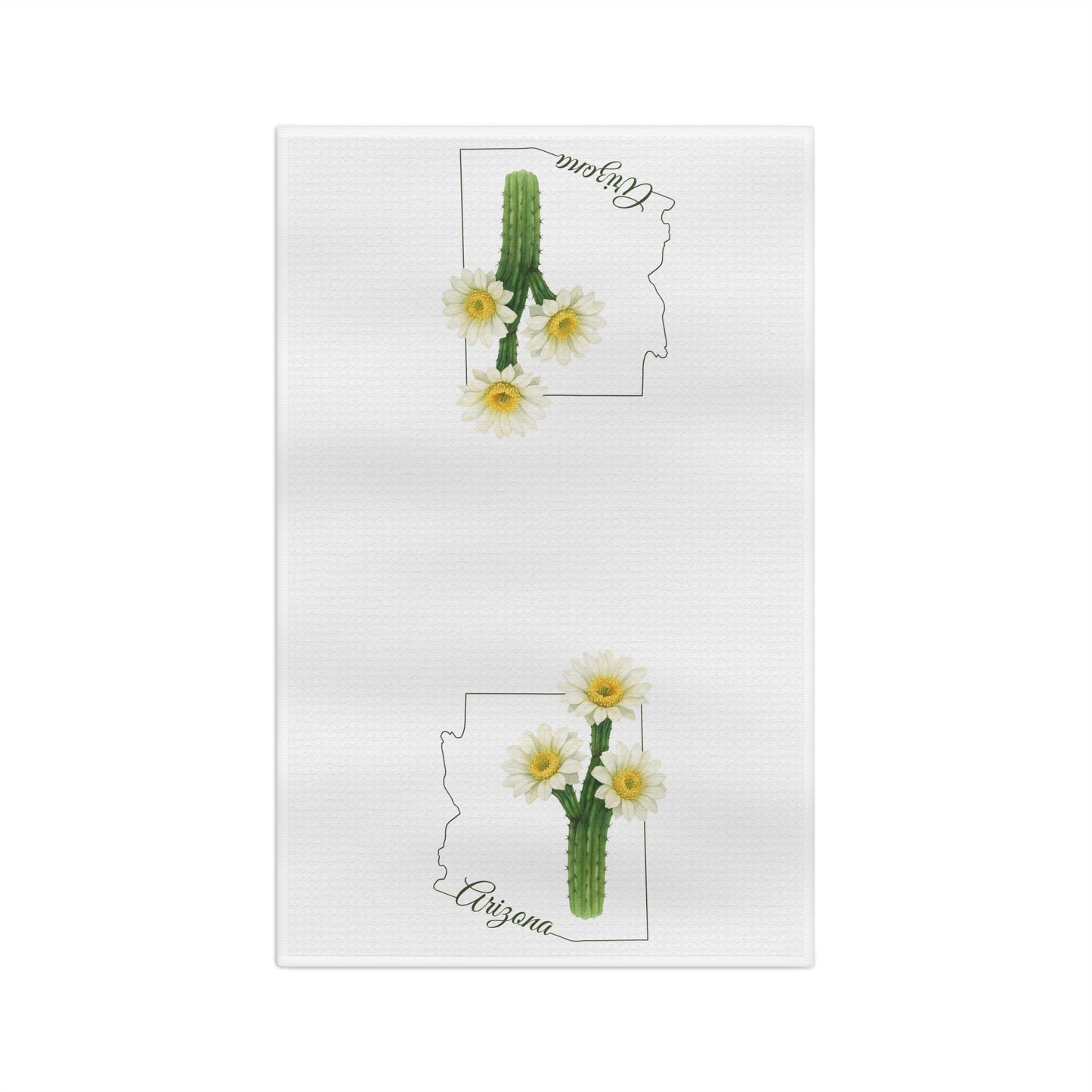 White microfiber tea towel with two saguaro cactus blooms, Arizona state outline, and cursive "Arizona" text.
