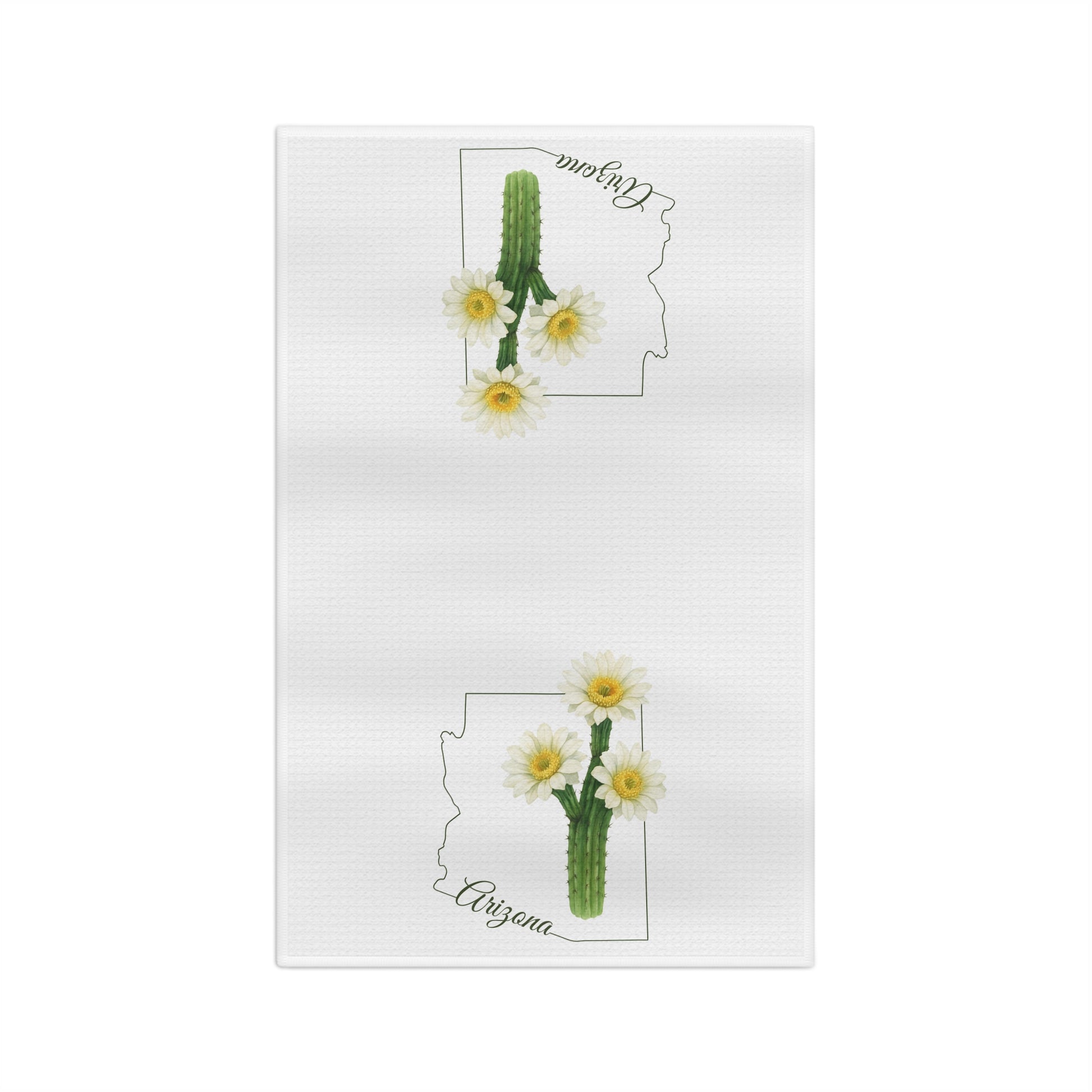 White microfiber tea towel with two saguaro cactus blooms, Arizona state outline, and cursive "Arizona" text.