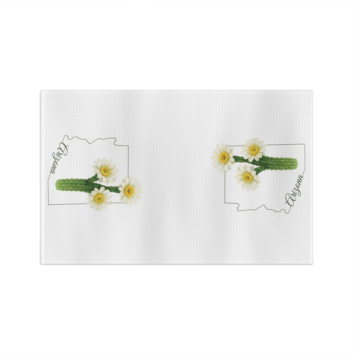White microfiber tea towel with two Arizona state outlines, each featuring a saguaro cactus bloom and "Arizona" in cursive.