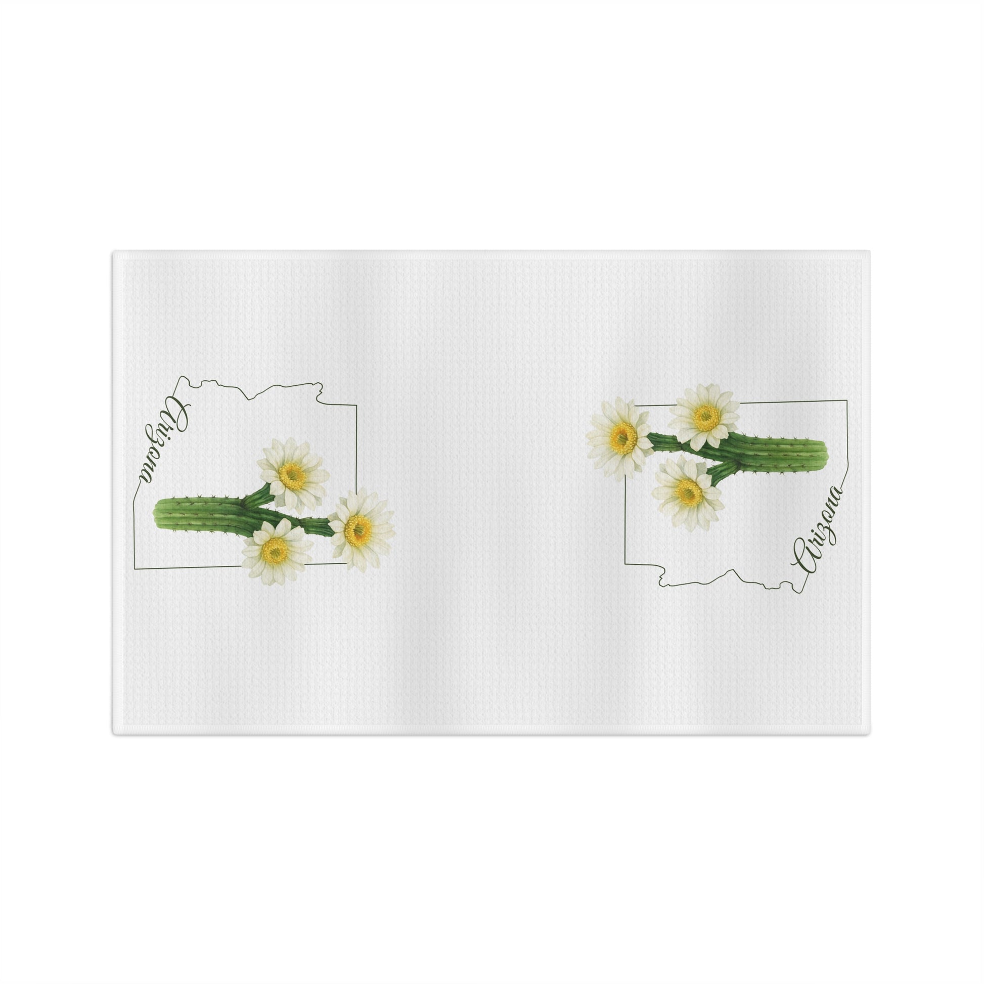 White microfiber tea towel with two Arizona state outlines, each featuring a saguaro cactus bloom and "Arizona" in cursive.