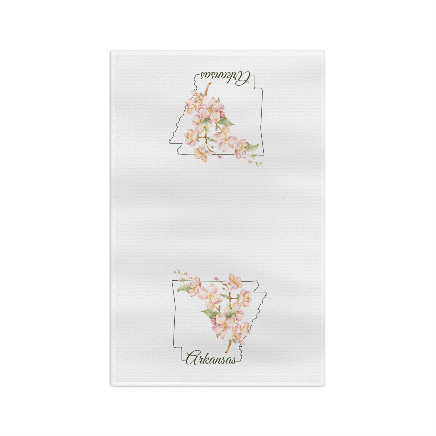 White microfiber tea towel with a delicate Arkansas silhouette layered with watercolor dogwood blossoms.