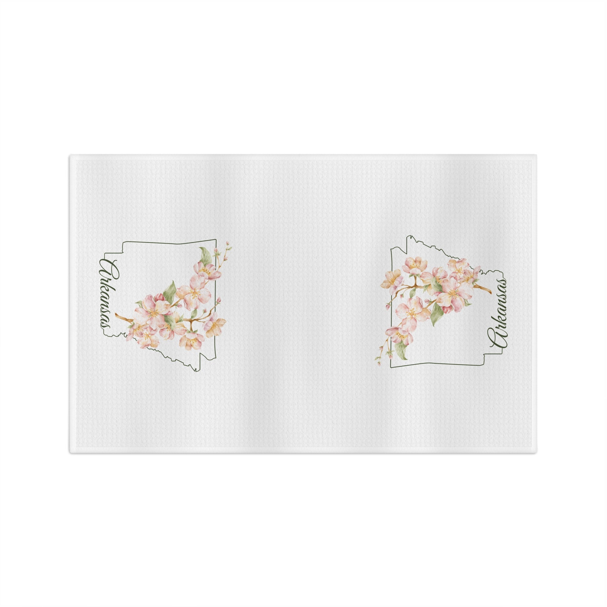White microfiber tea towel with two Arkansas state outlines filled with watercolor apple blossoms.