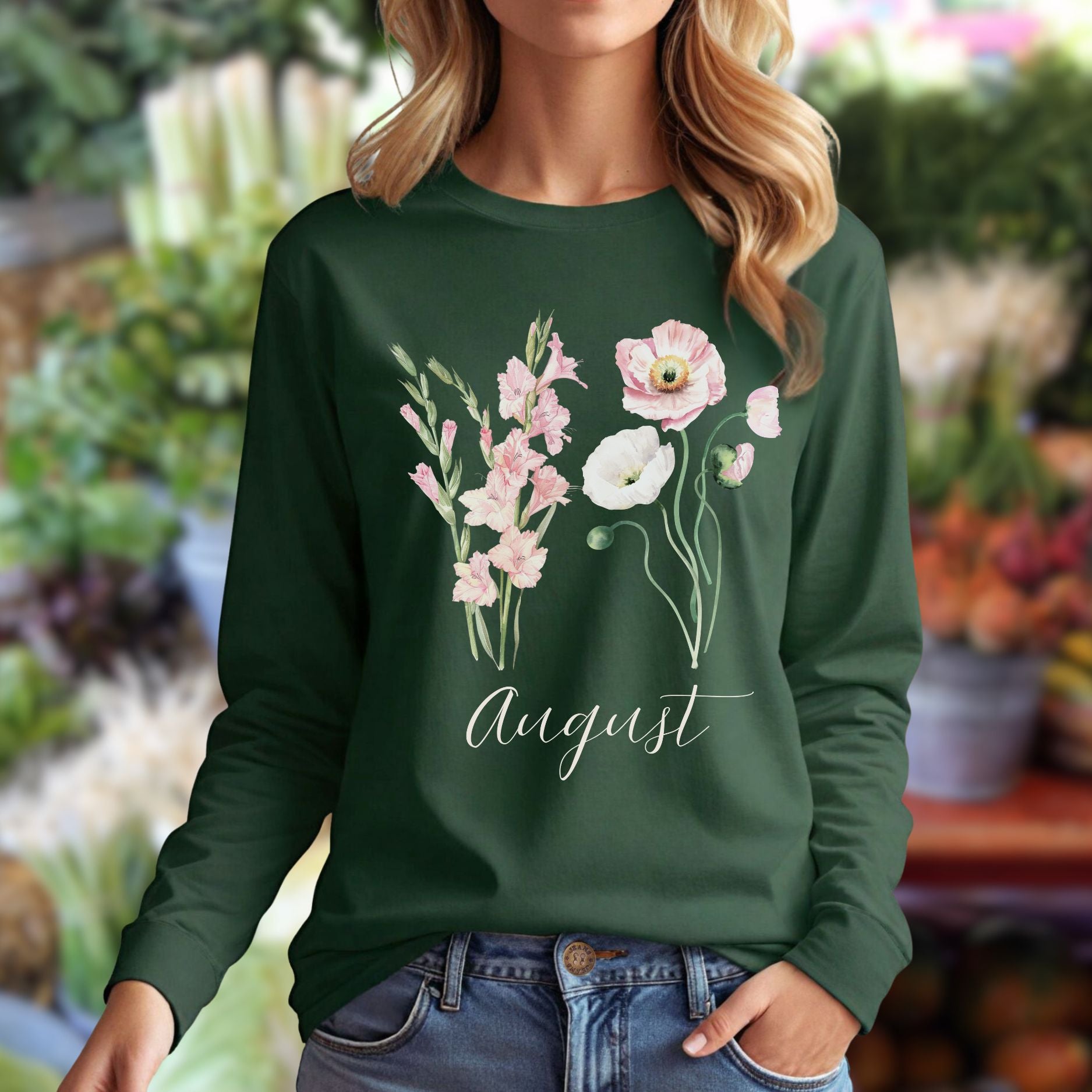 August Birth Month Flower long-sleeve tee in dark green with watercolor gladiolus and poppy blooms.