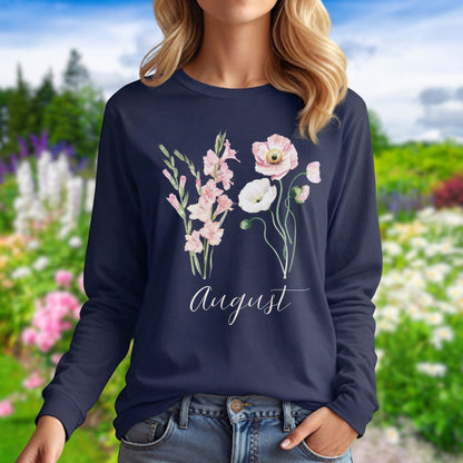 Navy long-sleeve tee with watercolor gladiolus and poppy flowers, plus "August" script.