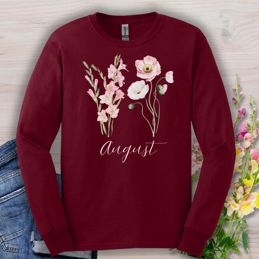 August Birth Month Flower Long Sleeve Tee — Gladiolus & Poppy