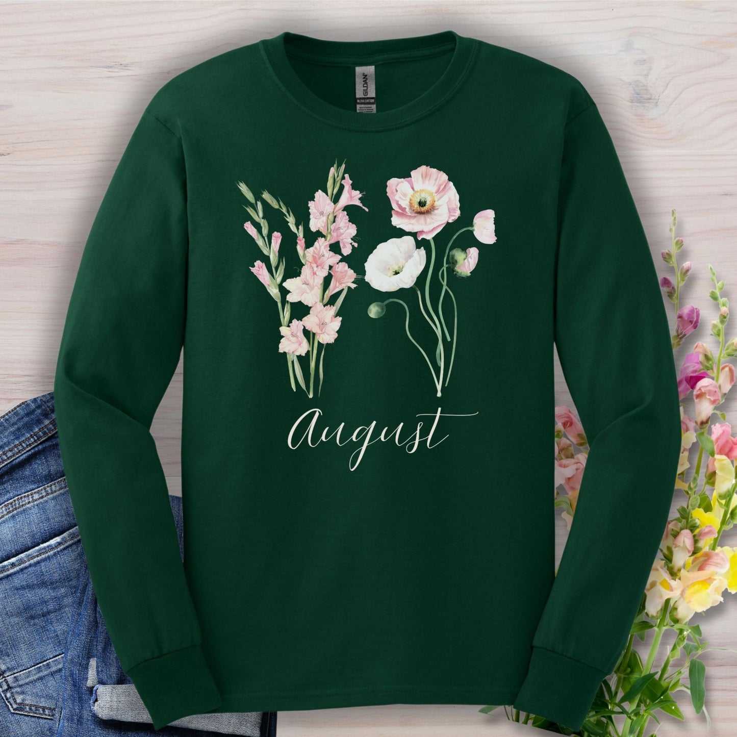 Forest Green August Birth Month Flower long-sleeve tee with watercolor gladiolus and poppy blooms.