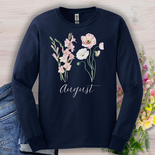 August Birth Month Flower Long Sleeve Tee — Gladiolus & Poppy