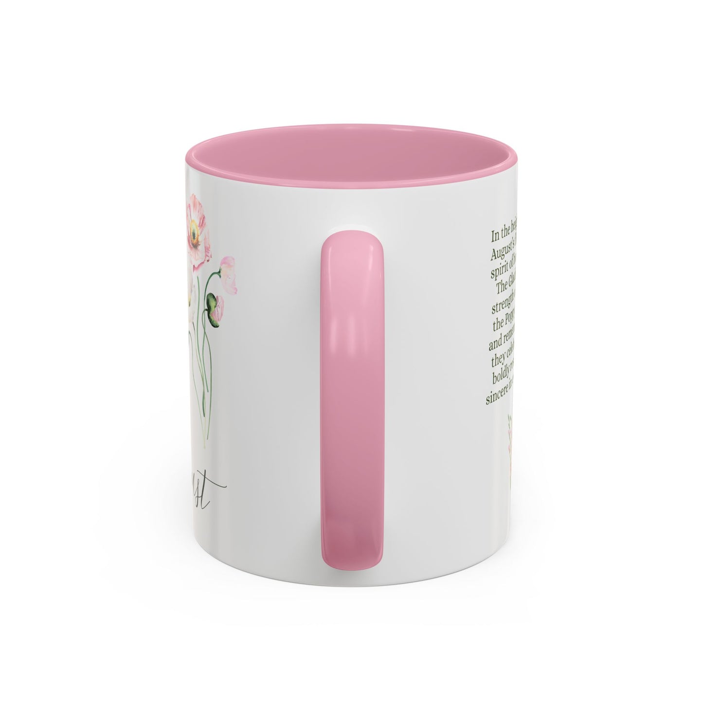 White ceramic August birth month flower mug with pink handle and interior, featuring watercolor gladiolus and poppy blooms.