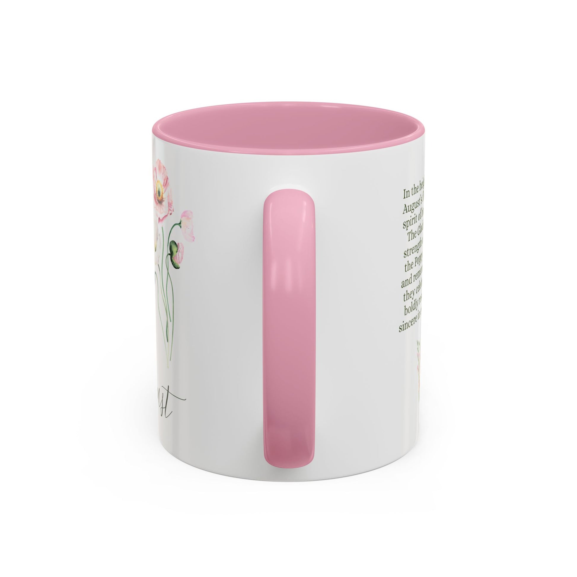 White ceramic August birth month flower mug with pink handle and interior, featuring watercolor gladiolus and poppy blooms.