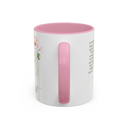 White ceramic August birth month flower mug with pink handle and interior, featuring watercolor gladiolus and poppy blooms.