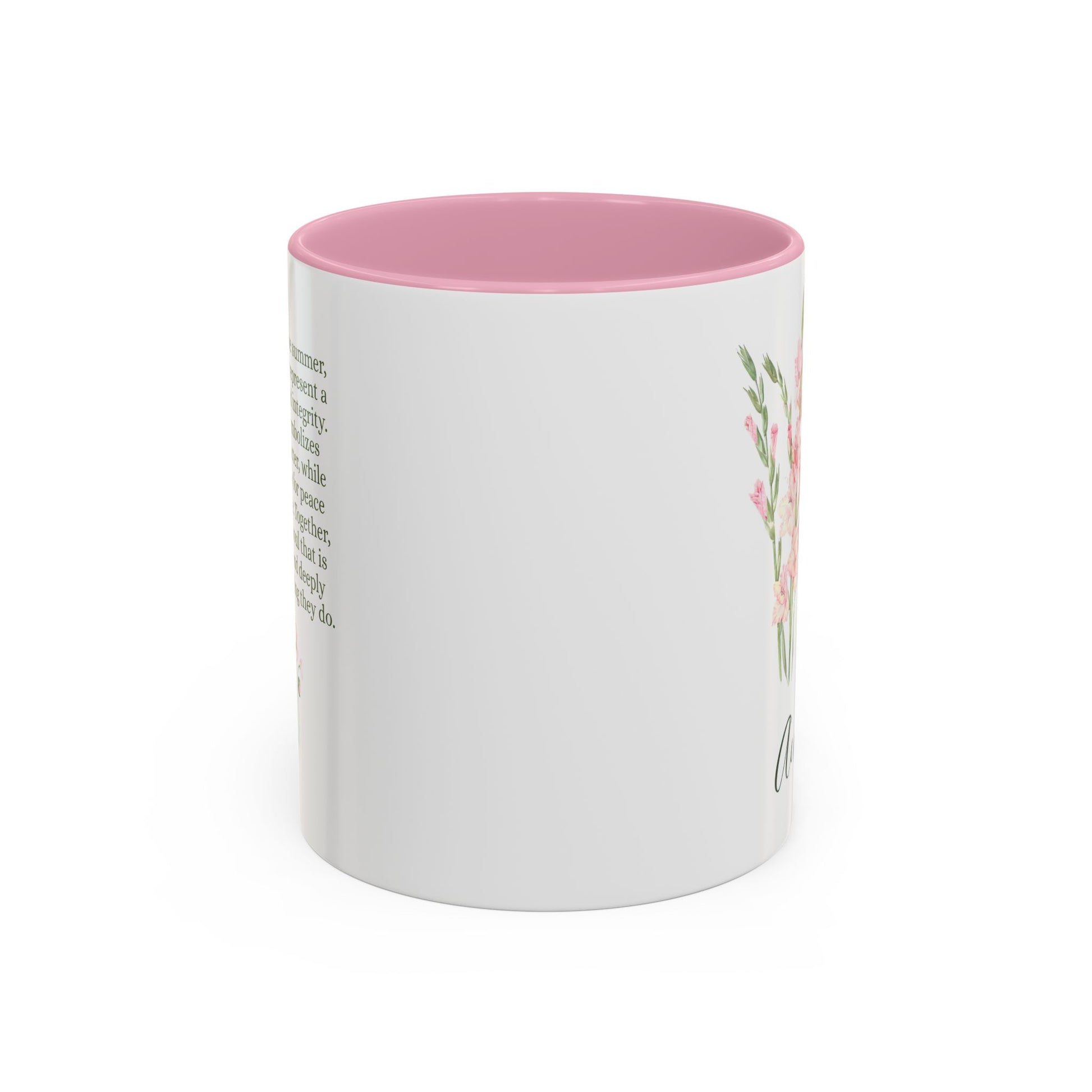 White ceramic mug with pink interior and handle, featuring delicate watercolor gladiolus and poppy blooms.