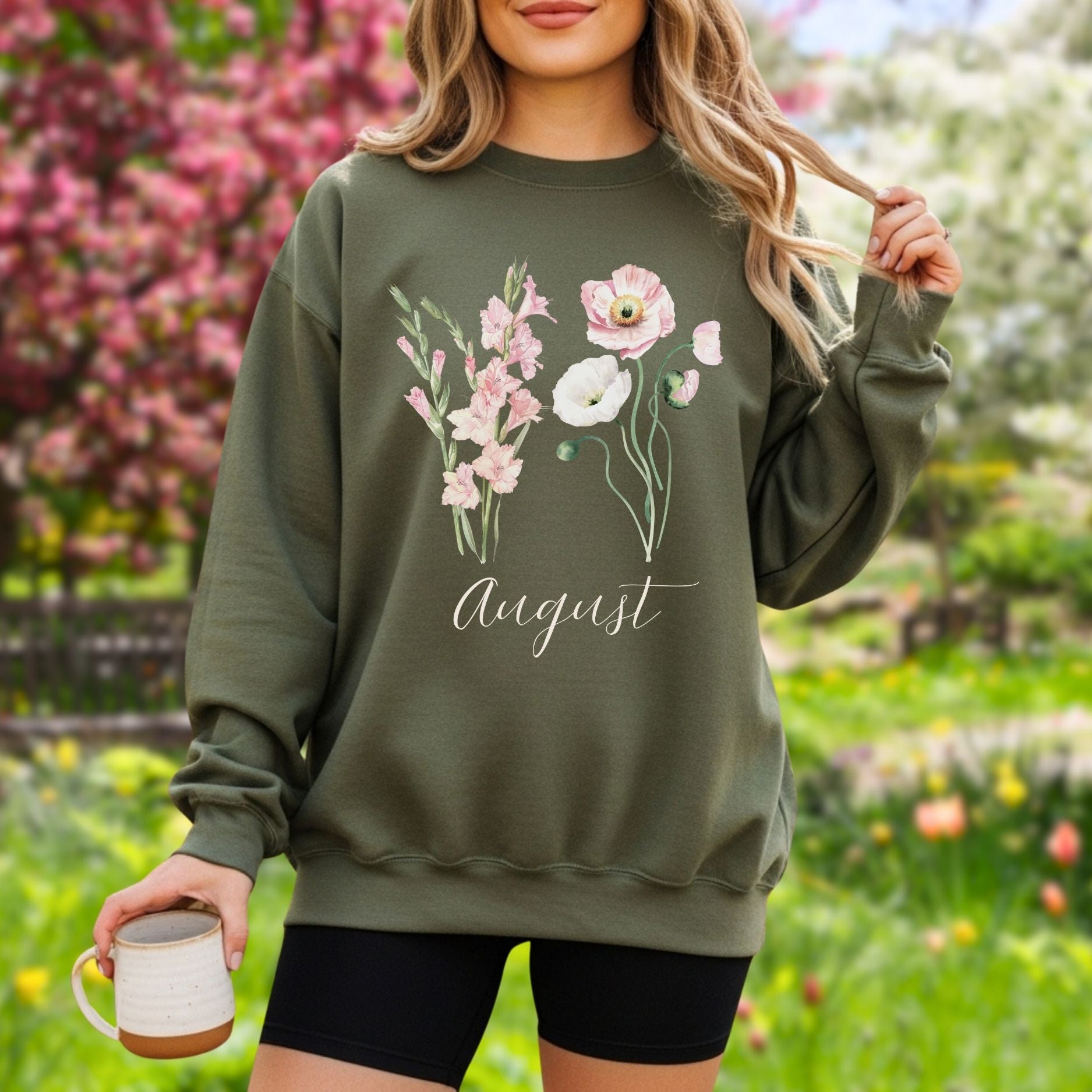 August birth month flower sweatshirt in olive green with watercolor gladiolus and poppy blooms.