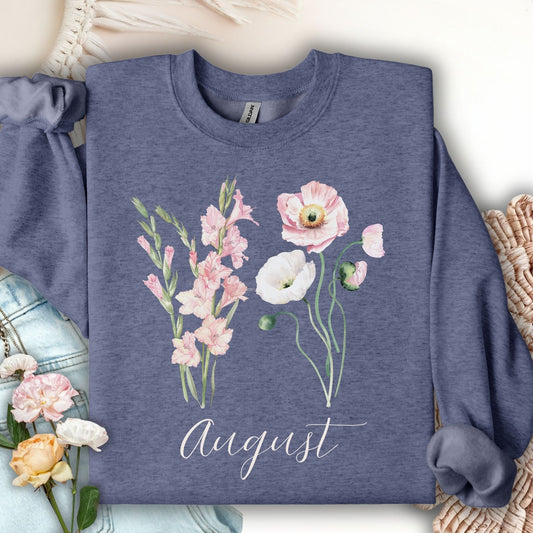 August Birth Month Flower Sweatshirt - Gladiolus & Poppy