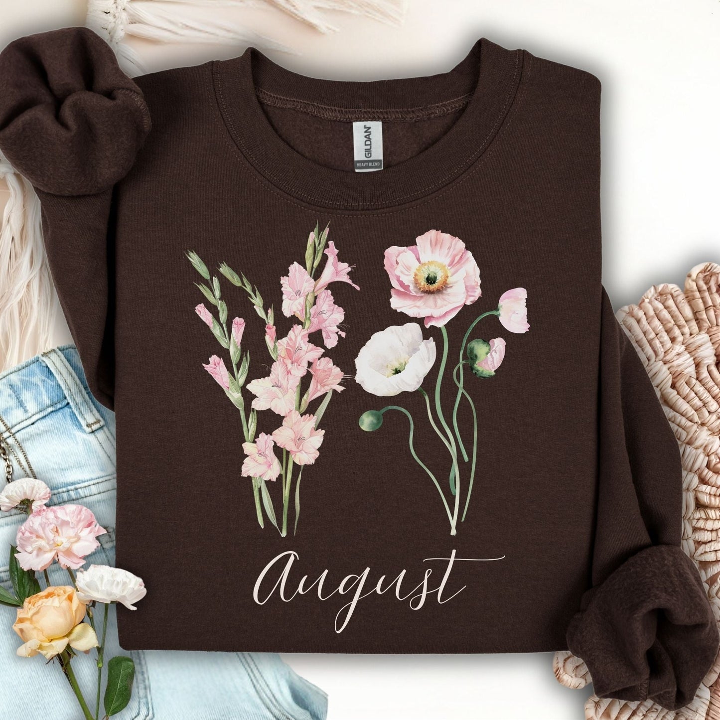 Dark chocolate August birth month flower sweatshirt with watercolor gladiolus and poppy blooms.