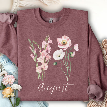 Heather Sport Dark Maroon August birth month flower sweatshirt with watercolor gladiolus and poppy blooms.