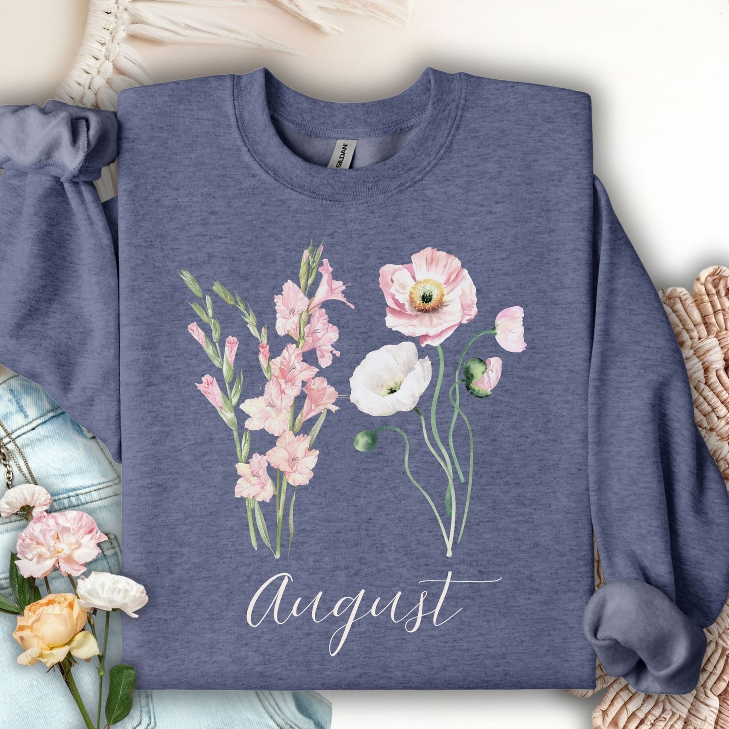 Heather Sport Dark Navy August birth month flower sweatshirt with gladiolus and poppy watercolor design.
