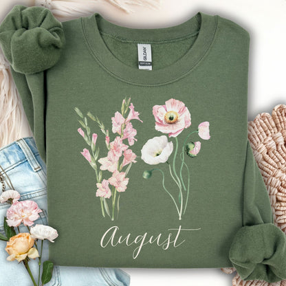 Military Green August birth month flower sweatshirt with watercolor gladiolus and poppy blooms.