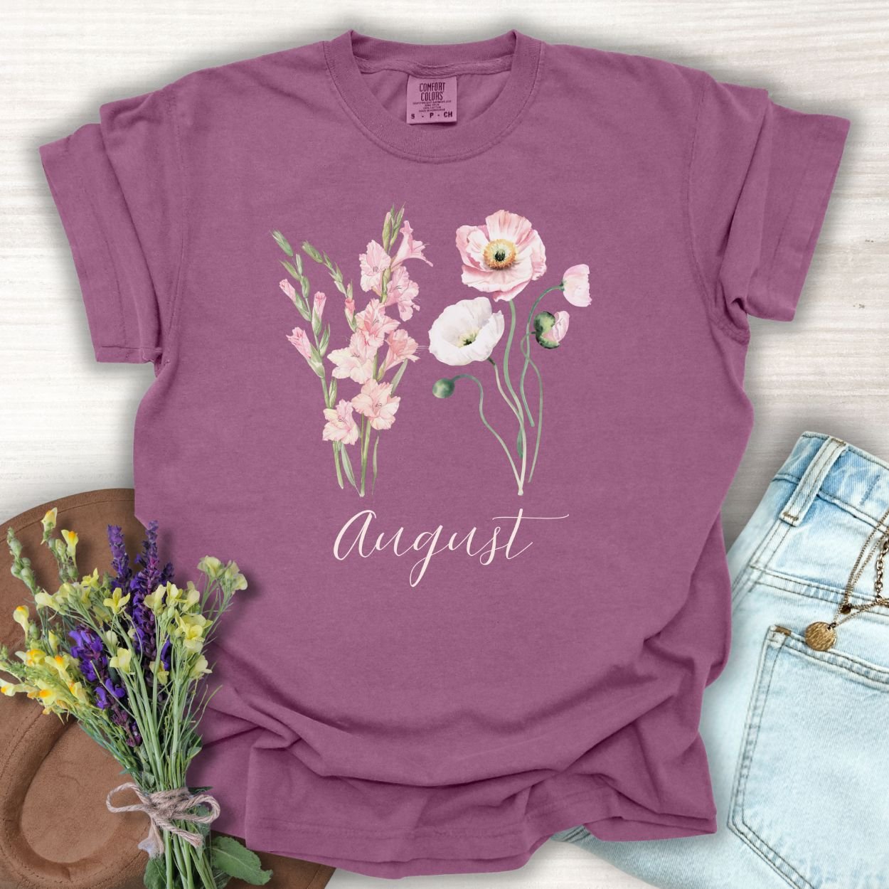August Birth Month Flower T-Shirt - Gladiolus & Poppy