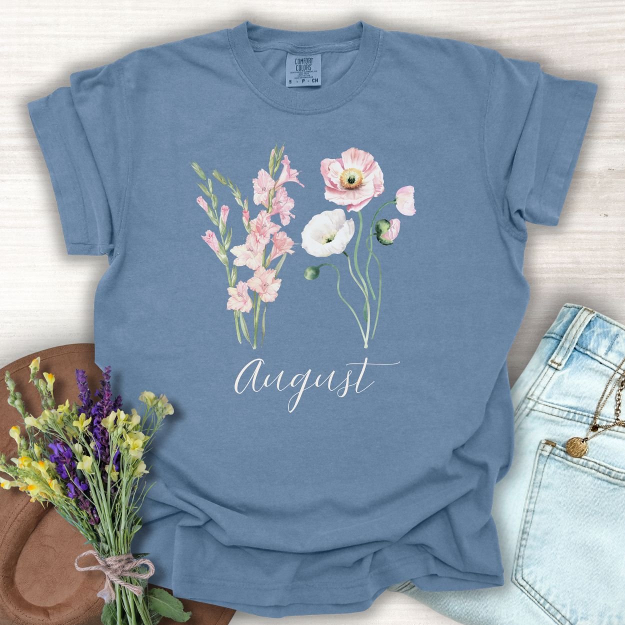 August Birth Month Flower T-Shirt - Gladiolus & Poppy