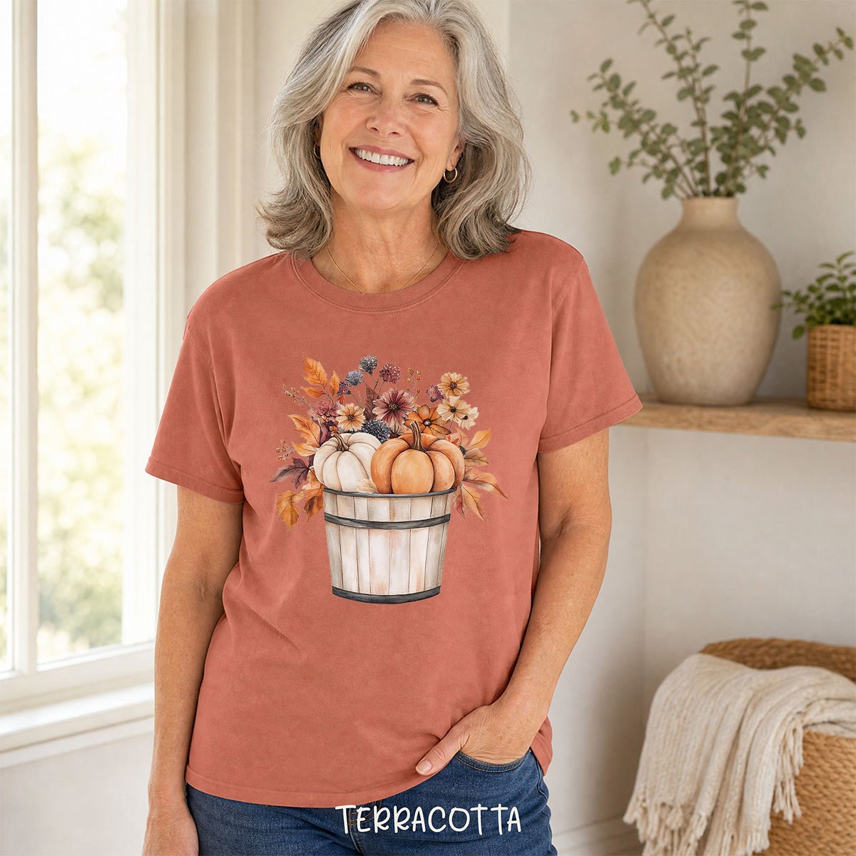 Autumn Basket with Pumpkins & Flowers T-Shirt