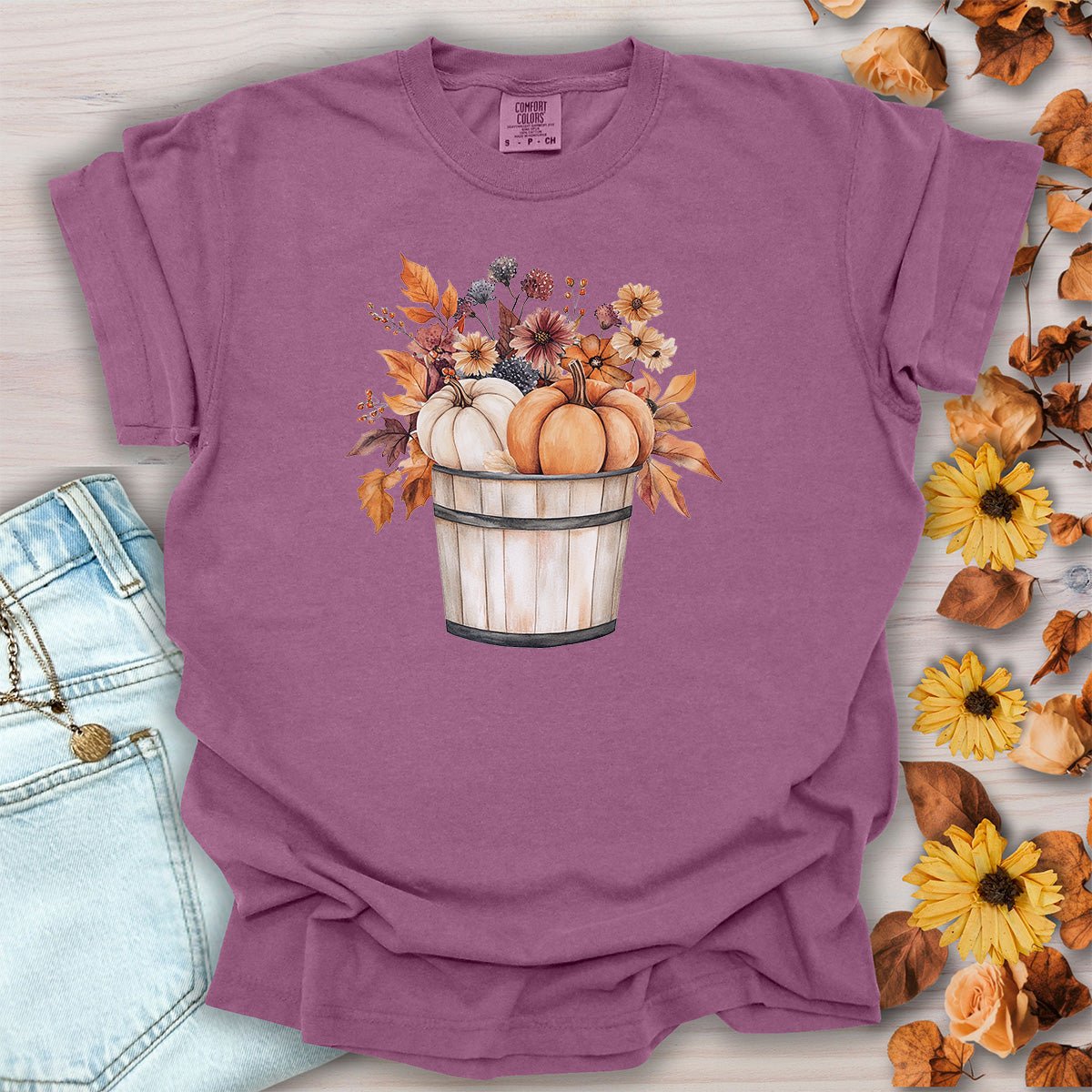 Autumn Basket with Pumpkins & Flowers T-Shirt