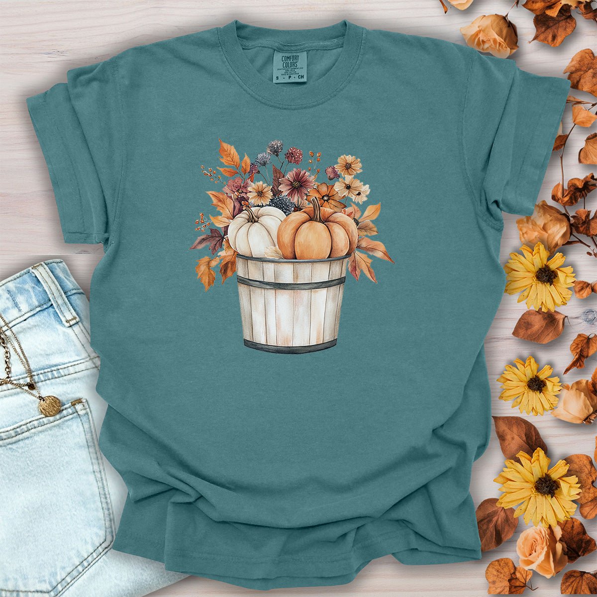Autumn Basket with Pumpkins & Flowers T-Shirt