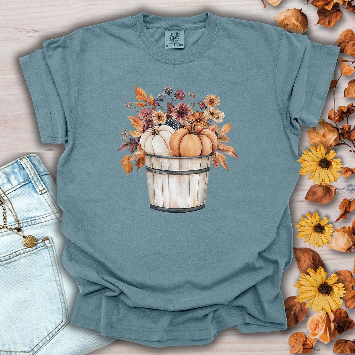 Autumn Basket with Pumpkins & Flowers T-Shirt