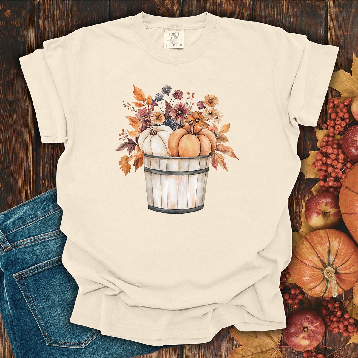 Autumn Basket with Pumpkins & Flowers T-Shirt