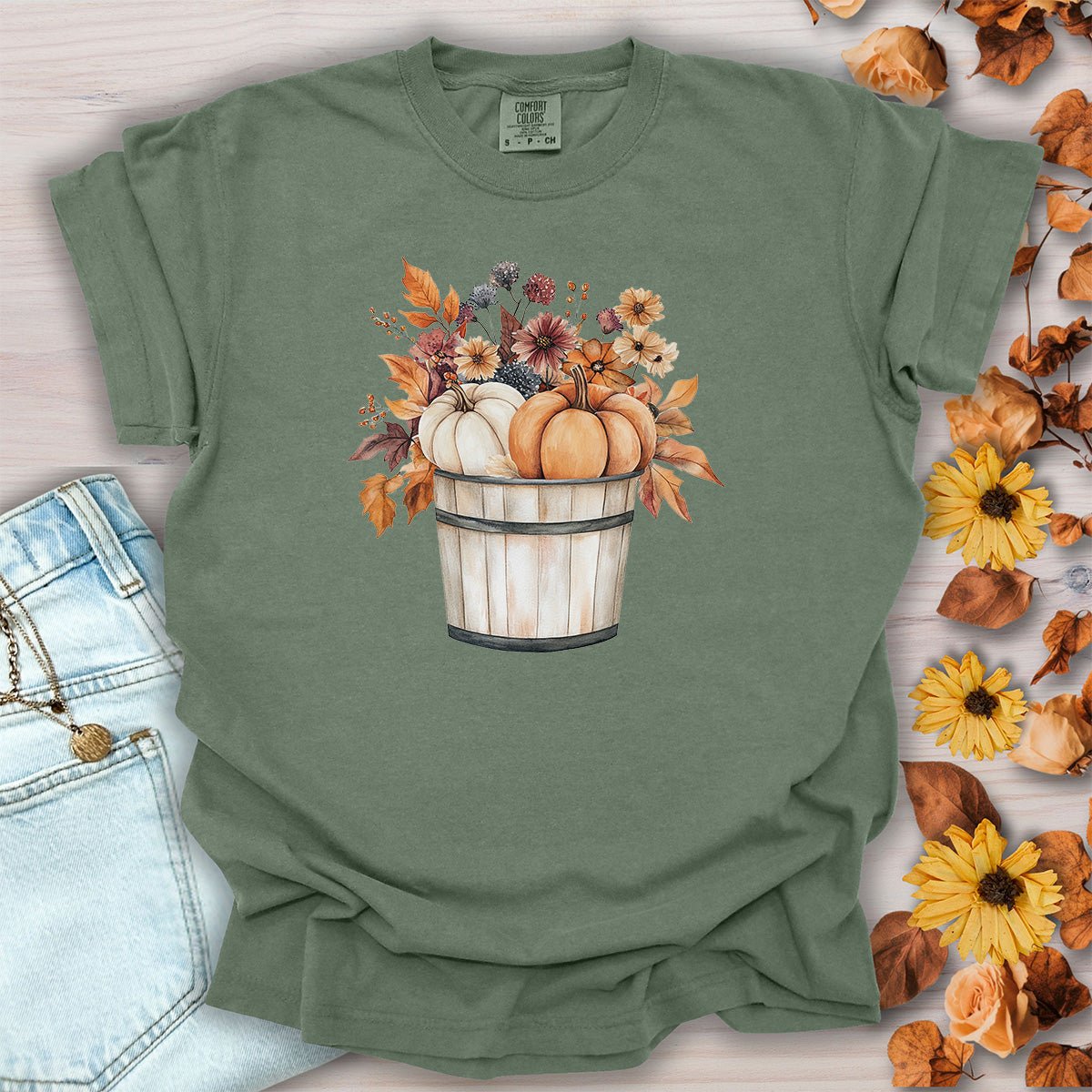 Autumn Basket with Pumpkins & Flowers T-Shirt